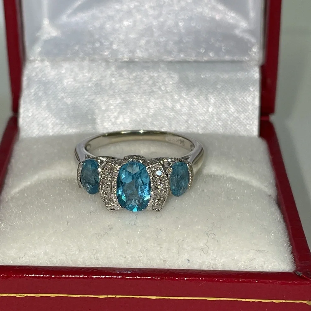 Solid Stamped 14K White Gold Oval Trio Natural Blue Topaz Diamond Ring